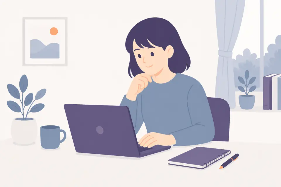 ノートを手元に、パソコンで情報を確認する人のイラスト