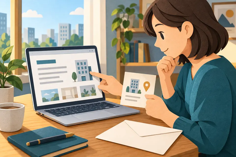 事務所の公開情報と契約する営業所を、手元のメモで照らすイラスト
