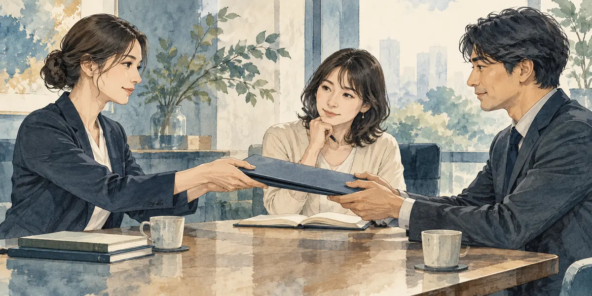 依頼者を交え、担当者間で相談内容を引き継ぐイラスト